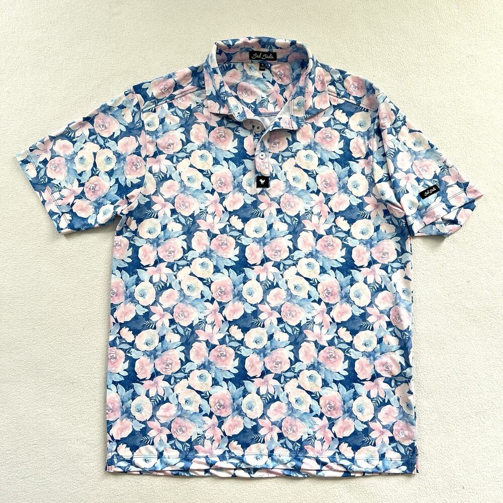 Bad Birdie Men Coachella Pink Blue Floral Performance Stretch Golf Polo Shirt M